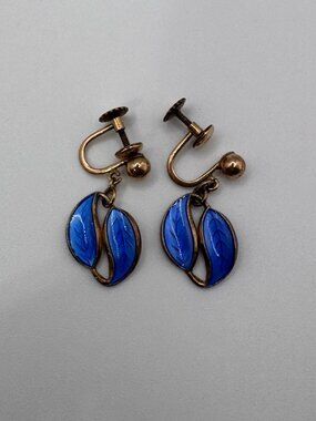 Rare David Andersen Norway Enamel Leaf Dangle screwback Earrings 925 1950’s